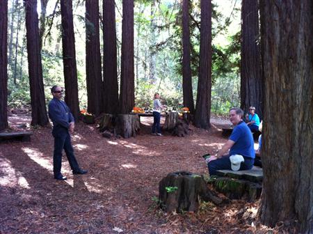 Outside in a natural redwood grove with our driver, Otello