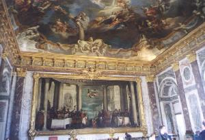 Walls and ceiling of ornate room in Versailles.