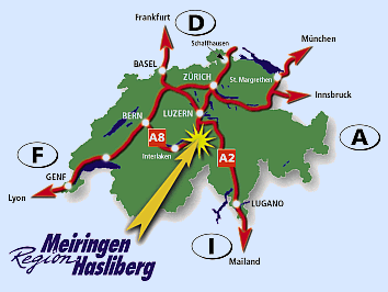 Map of Switzerland showing Meiringen just south of center