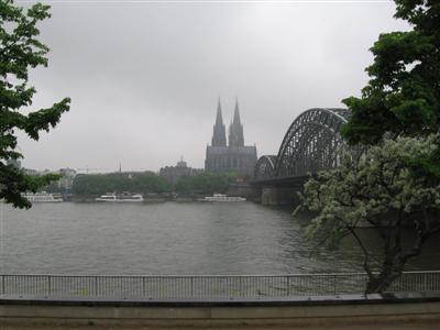 View of the twin spires of the Cologne Cathedral from across the Rhine