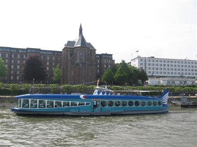 A day-trip boat in the shape of a whale, with the name Moby Dick on the side