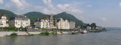 A typical view of a small city by the edge of the Rhine, with a small mountain behind