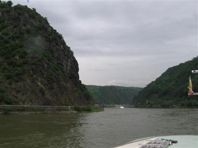 The Lorelei -- a narrow spot in the Rhine with strong currents where the river turns sharply